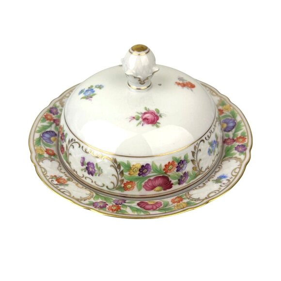 Schumann Germany Empress Dresden Flowers Covered Lidded Butter Dish E&R Round - Picture 1 of 14